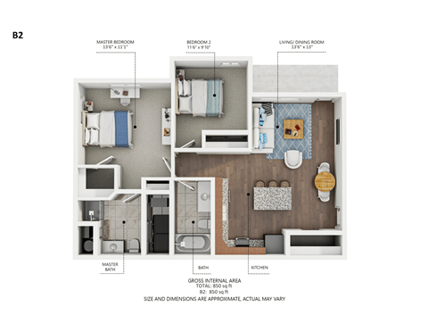 A diagram of apartment B2 showing the layout of the master bedroom, bathroom, kitchen, and living room.
